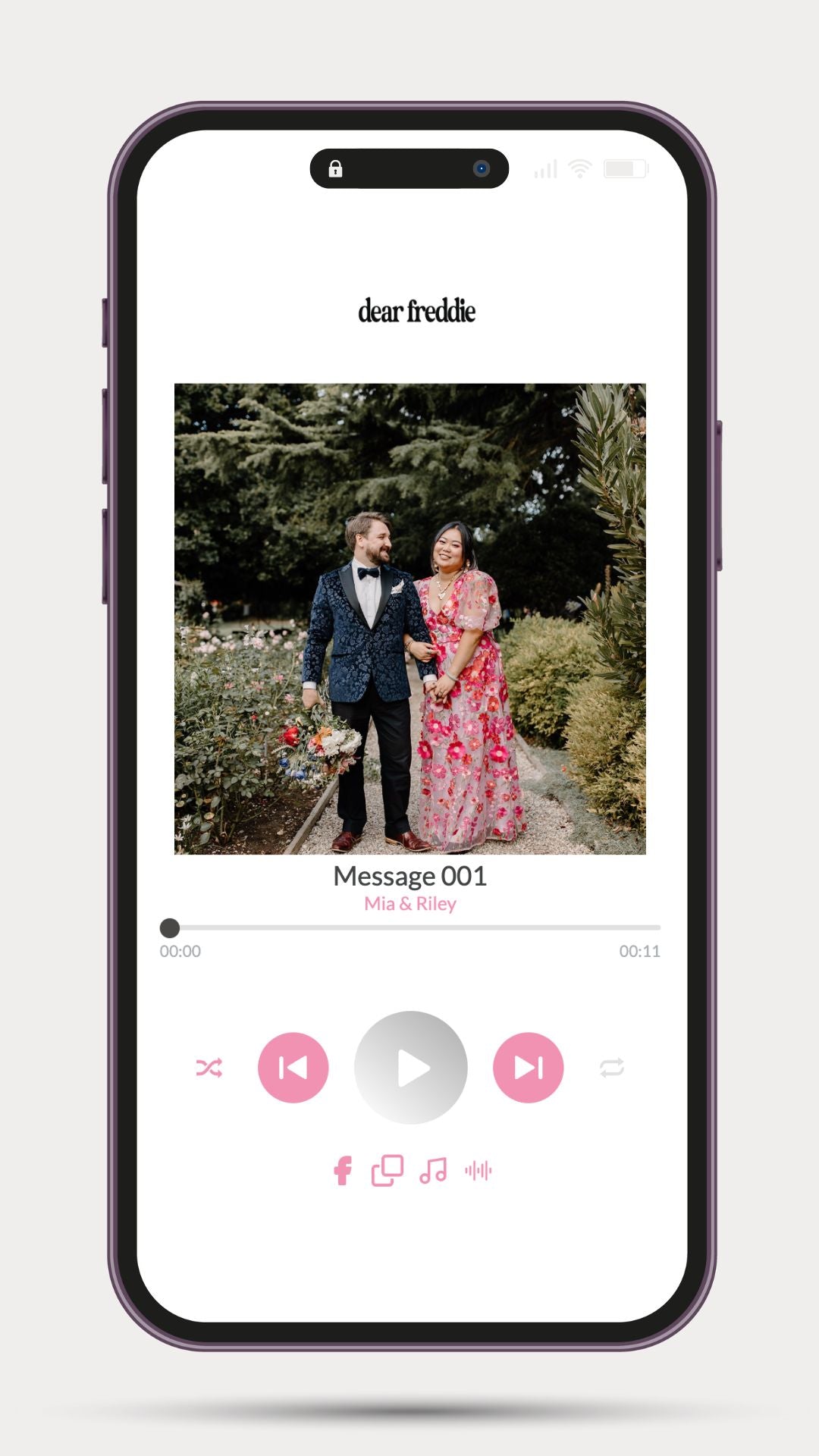 A virtual audio guest book to record heartfelt messages for the couple. The digital platform features a simple, user-friendly design with playback options, encouraging guests to leave personalised audio memories. Stylish graphics and elegant typography enhance the wedding-themed aesthetic, creating an interactive and modern way to collect well wishes.